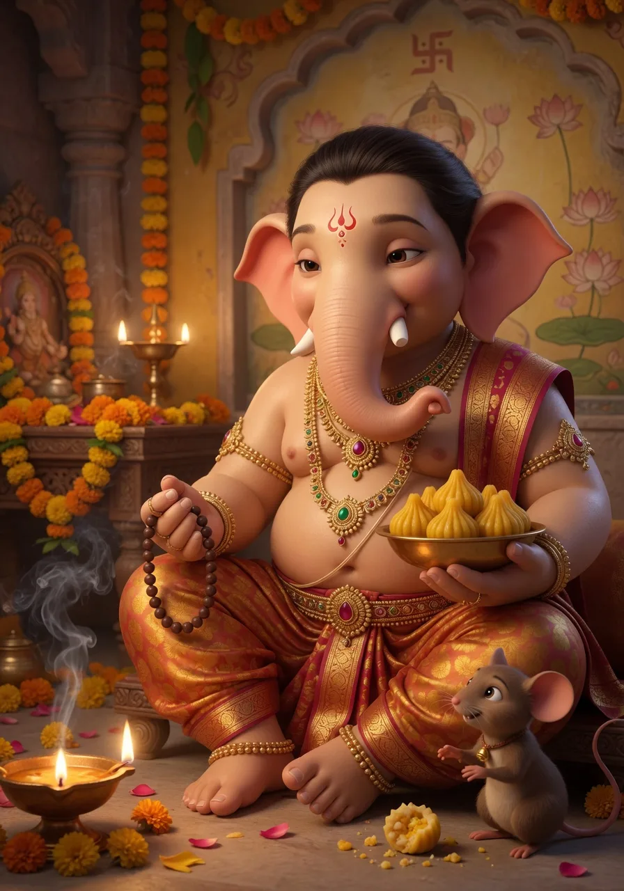 Bhagwan Ganesha, pyaare gaja-mukh vighna-harta, modak liye, paas mein unka chhota mushak, ek komal-prakaashit mandir mein