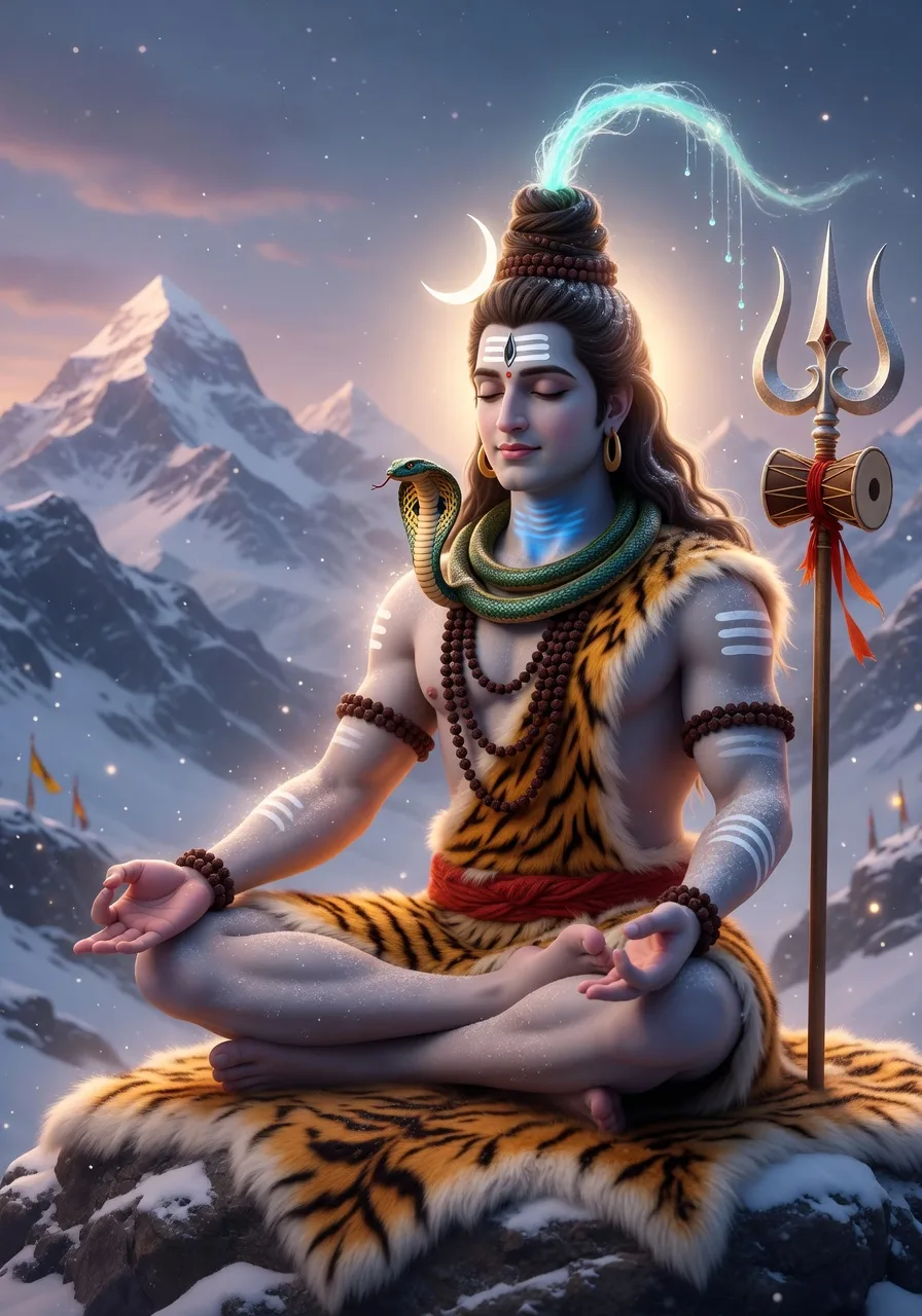 Bhagwan Shiva Kailash parvat par gehre dhyaan mein, mahan karunamay Mahadev aur param bhakt, jata se behti Ganga aur gale mein naag