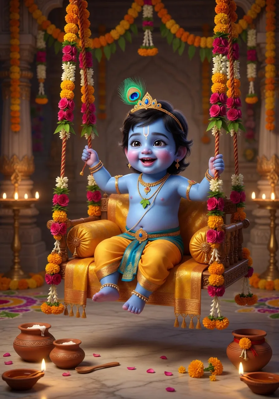 Baal Krishna, Bal Gopal, Janmashtami ke liye phoolon se saje jhule par baithe hue