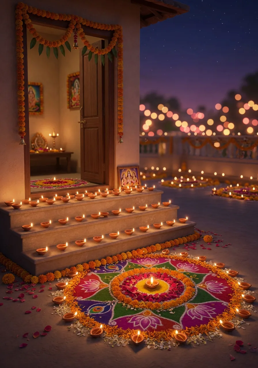 Deepon ki ek kataar aur rangin rangoli, Diwali par Bhagwan Rama ka swaagat karne ke liye jali