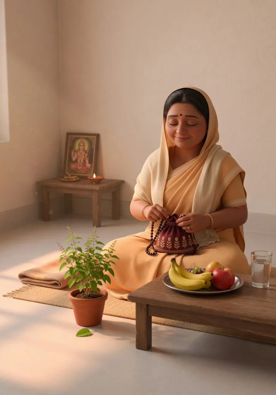Ek bhaktin japa-mala par jaap karti, paas mein saral phal ki thali, Ekadashi vrat rakhte hue