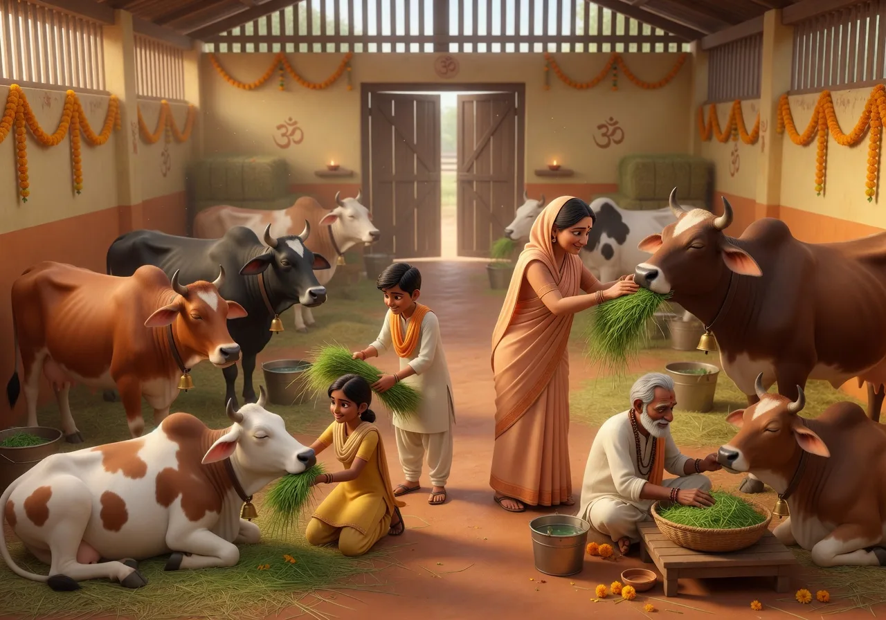 Bhakt aur ek parivaar prem se swasth, achhi tarah rakhi gaayon ko ek shaant gaushala mein khilate aur dekhbhaal karte