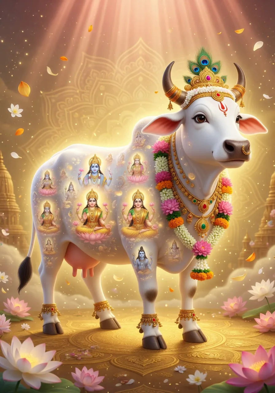 Kamadhenu, divya manokaamna-poorak gau Surabhi, aadhyatmik duniya mein tejomay, jinke pavitra shareer mein devtaon ke roop vaas karte hain