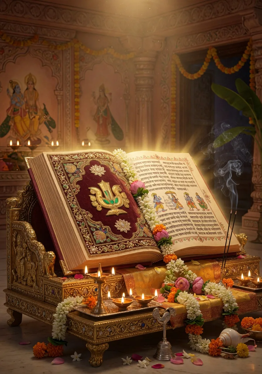 The sacred Srimad Bhagavatam scripture resting on an ornate golden throne, garlanded and worshipped with lamps, offered as a gift