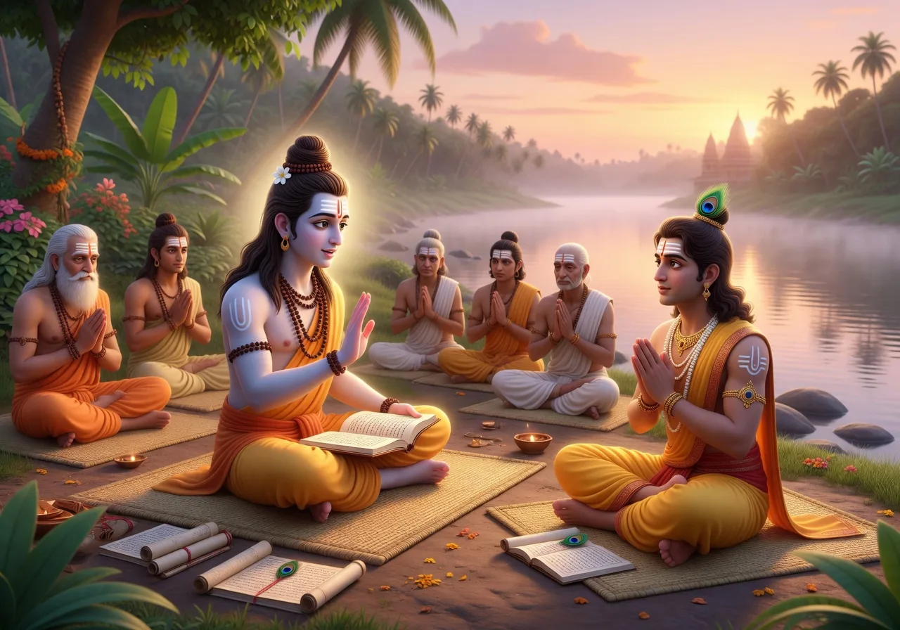 The sage Sukadeva Goswami narrating the Srimad Bhagavatam to King Parikshit on the bank of the Ganga, surrounded by attentive sages
