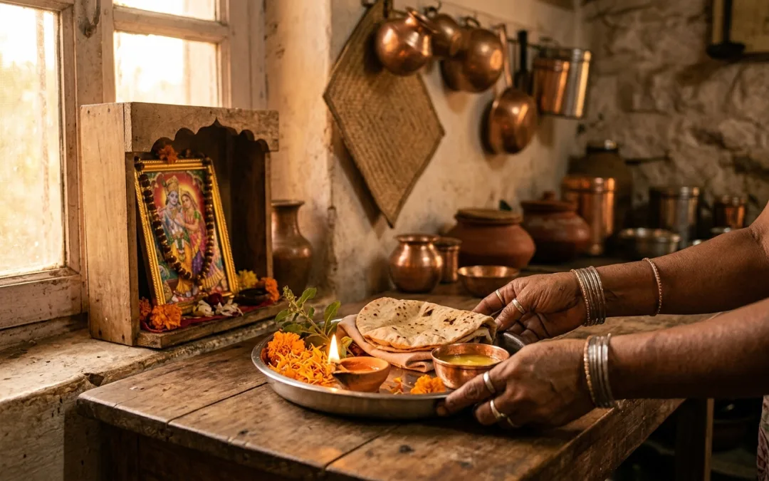 घर के छोटे मन्दिर में नैवेद्य की थाली अर्पण, रोटी, घी का दीप, तुलसी और गेंदा की पंखुड़ियाँ