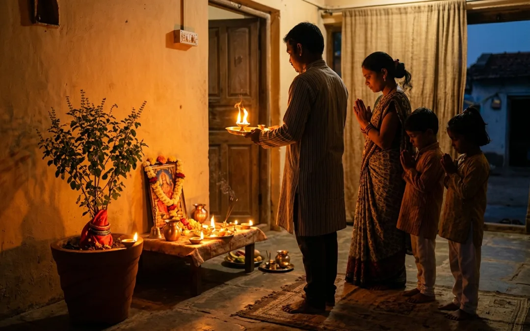 गृहस्थ परिवार की संध्या आरती, पति-पत्नी और बच्चे एक साथ हाथ जोड़े मन्दिर के सामने खड़े