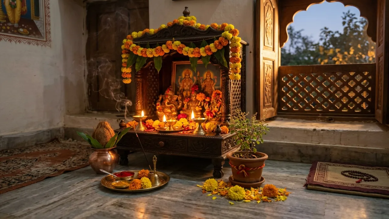 गृहस्थ पूजा वेदी, दीपों की सुनहरी रोशनी में तुलसी, मेंहदी और प्रातःकालीन आरती का पवित्र दृश्य