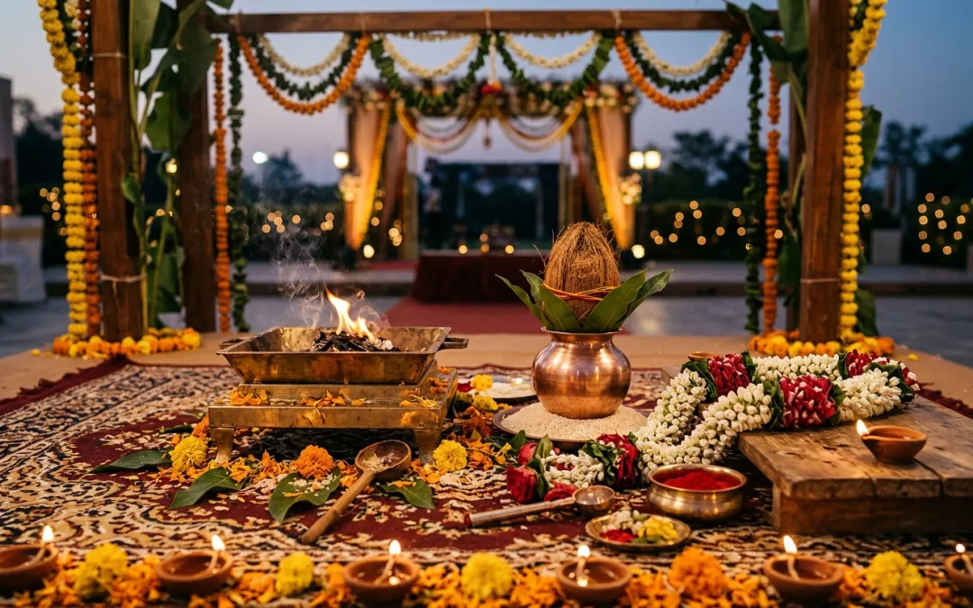 विवाह मण्डप में हवन कुण्ड, वरमाला, कलश और गेंदा की पंखुड़ियाँ, सनातन विवाह परम्परा का दृश्य