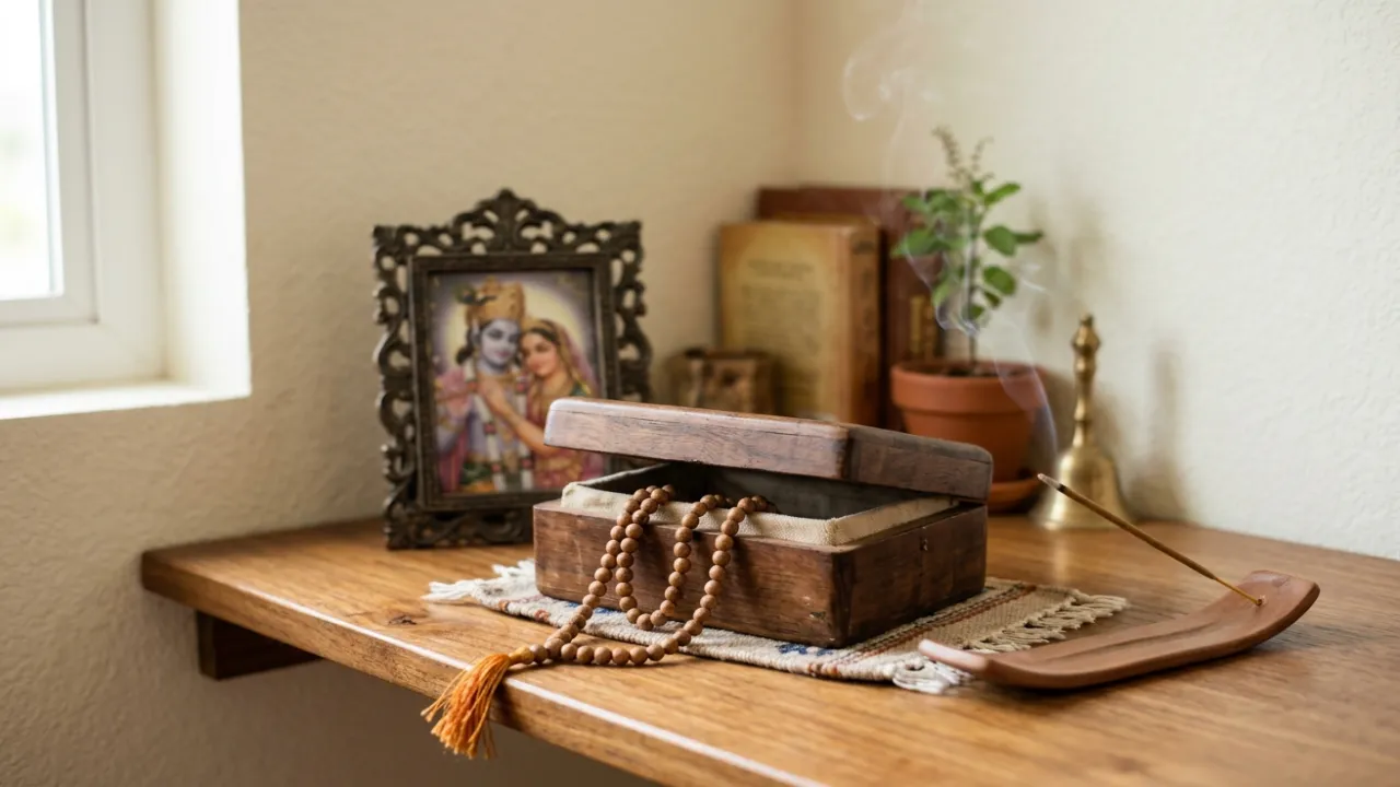 घरेलू जप-व्यवस्था — माला बैग, तुलसी, राधा-कृष्ण चित्र