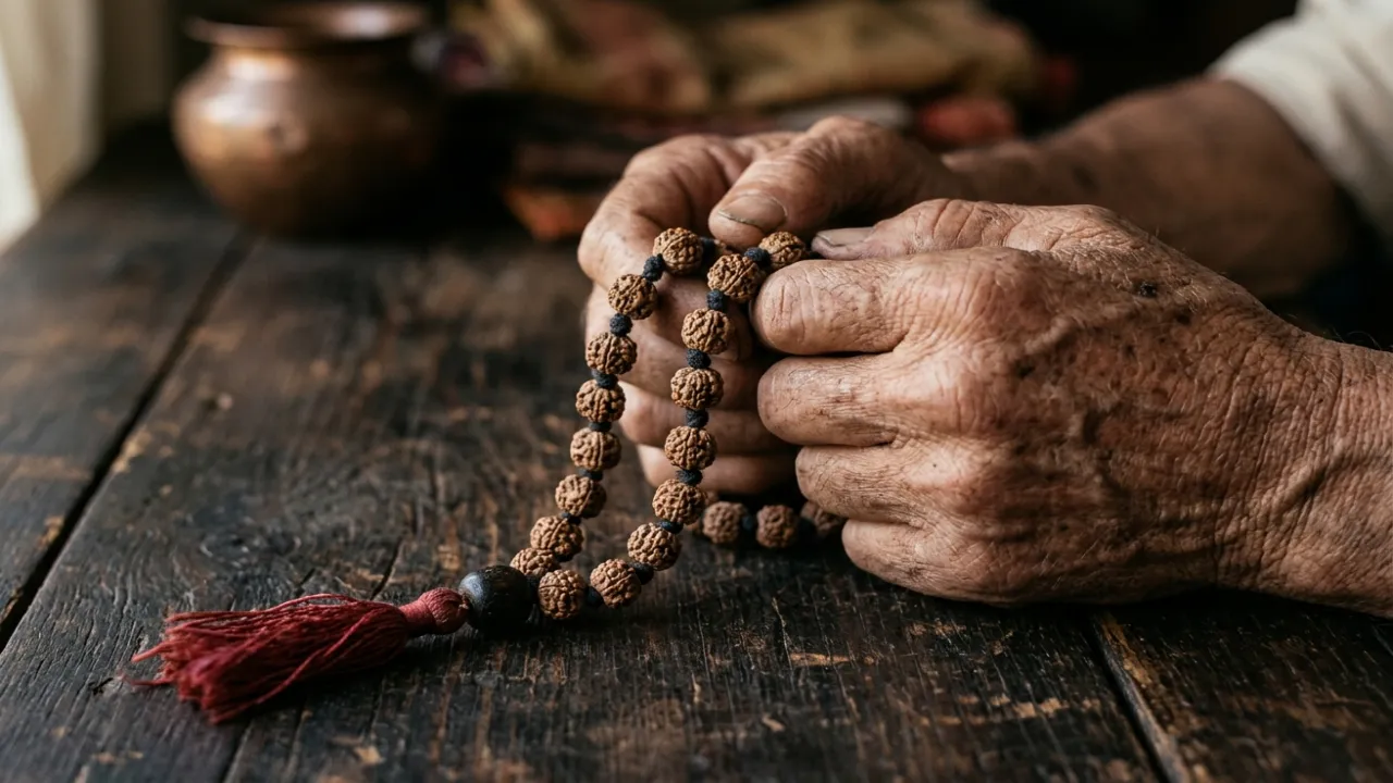हाथ में रुद्राक्ष माला — क्रोध की लहर को नाम जप से शांत करना