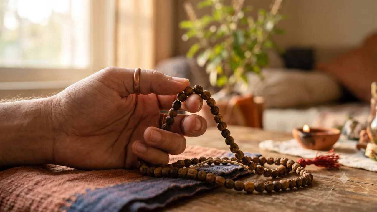 A hand chanting on a tulsi japa mala, showing how to use japa mala with feeling