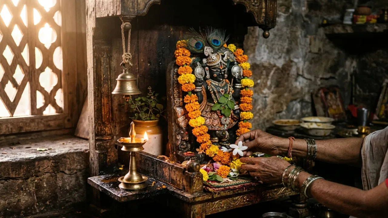 मंदिर में श्रीनाथजी की छवि, माला-दीप, भक्त के हाथ — लीला अनिर्वचनीय