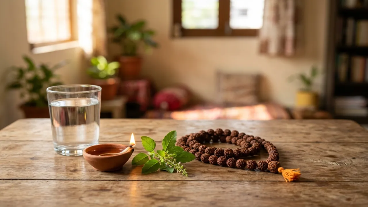 नई सुबह — पानी, तुलसी, माला — नशे की जगह नाम का सहारा
