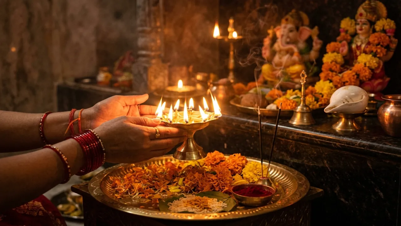 पूजा की थाली में जलता दीपक, फूल, धूपबत्ती और हाथ आरती की मुद्रा में, बाहरी उपासना का दृश्य