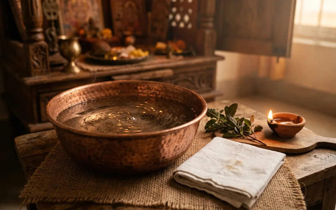 ताम्बे के पात्र में जल की सतह पर उठती धूल, नीचे जमी मलिनता ऊपर आती हुई, शुद्धिकरण का प्रतीक