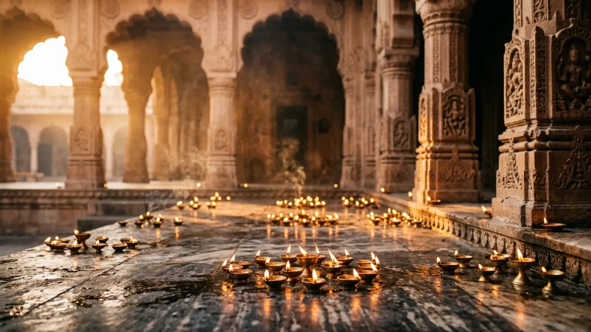 वृंदावन के प्राचीन मंदिर में सांध्य आरती की दीप-ज्योति, प्रेमानंद महाराज दीक्षा की पावन भूमि का दृश्य