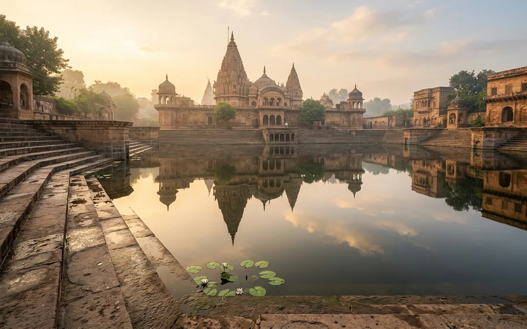 भोर के समय वृंदावन का शांत मंदिर सरोवर, जिसके स्थिर जल में मंदिर शिखर का दर्पण-सा प्रतिबिंब और घाट की सीढ़ियाँ