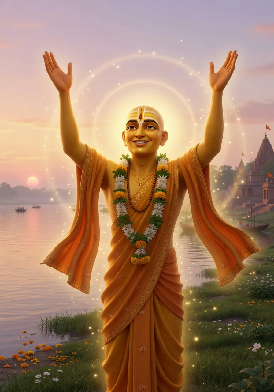 Chaitanya Mahaprabhu, the golden avatar, arms raised in ecstatic chanting on the bank of the Ganga