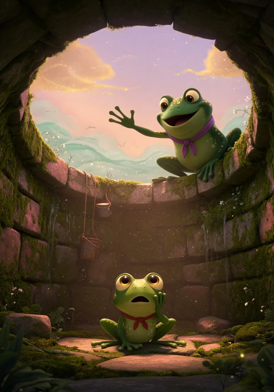 A small frog at the bottom of a well looking up as an ocean frog describes the sea