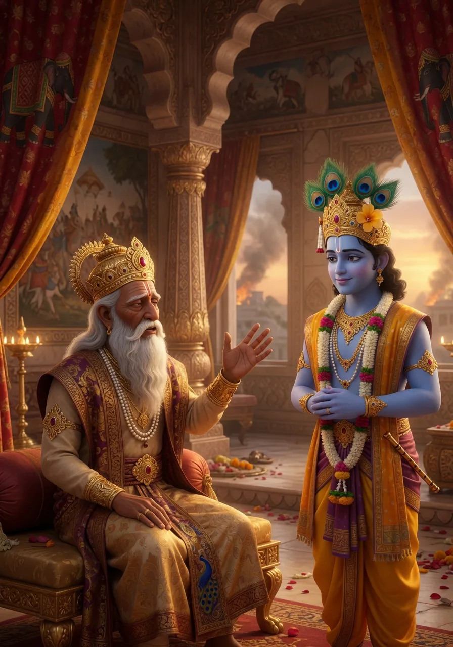 After the great war, the blind King Dhritarashtra questions Lord Krishna about his suffering