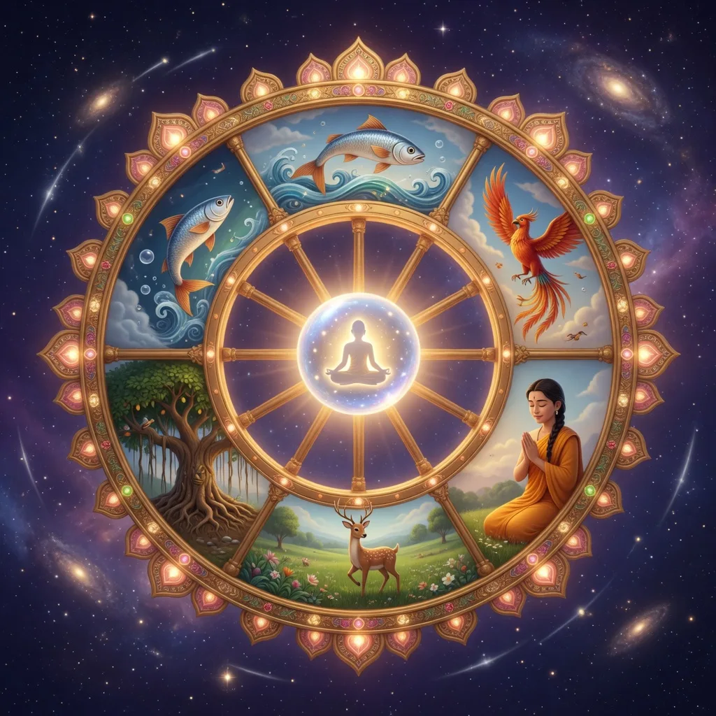 A glowing soul at the centre of the great wheel of samsara, surrounded by the many forms of life it can be reborn into