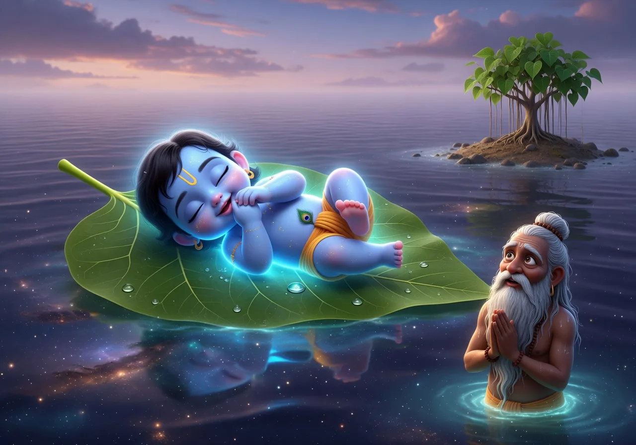 Shishu-Bhagwan pralay ke vishaal jal par tairte ek bargad ke patte par viraajmaan, unka shareer komal aabha se chamakta, rishi Markandeya jal se vismay mein nihaarte