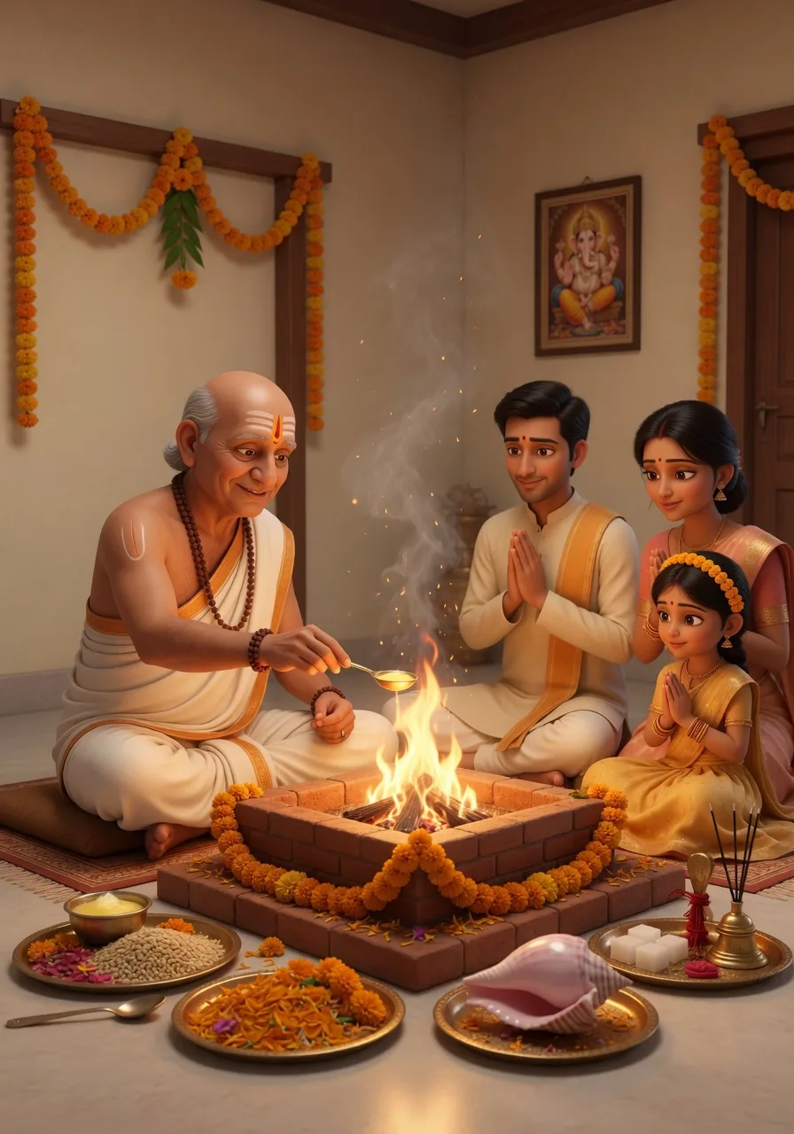 Ek brahmin purohit aur ek shraddhalu yuva parivaar havan-kund ke paas baithe, ghee aur anaaj ki aahuti ke saath ek samskaar karte hue