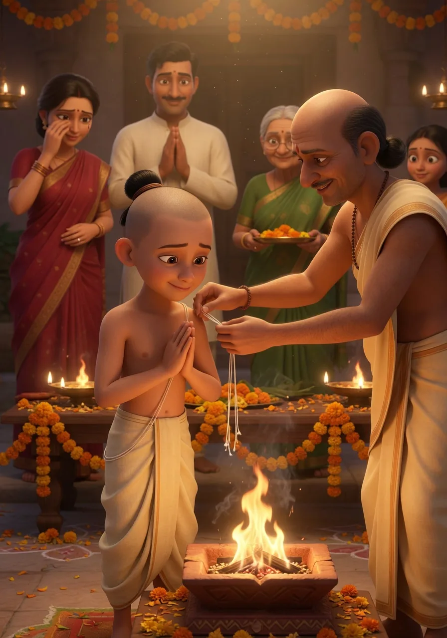 A young boy with a freshly shaved head and a sikha tuft receiving the sacred thread from a priest beside a sacred fire