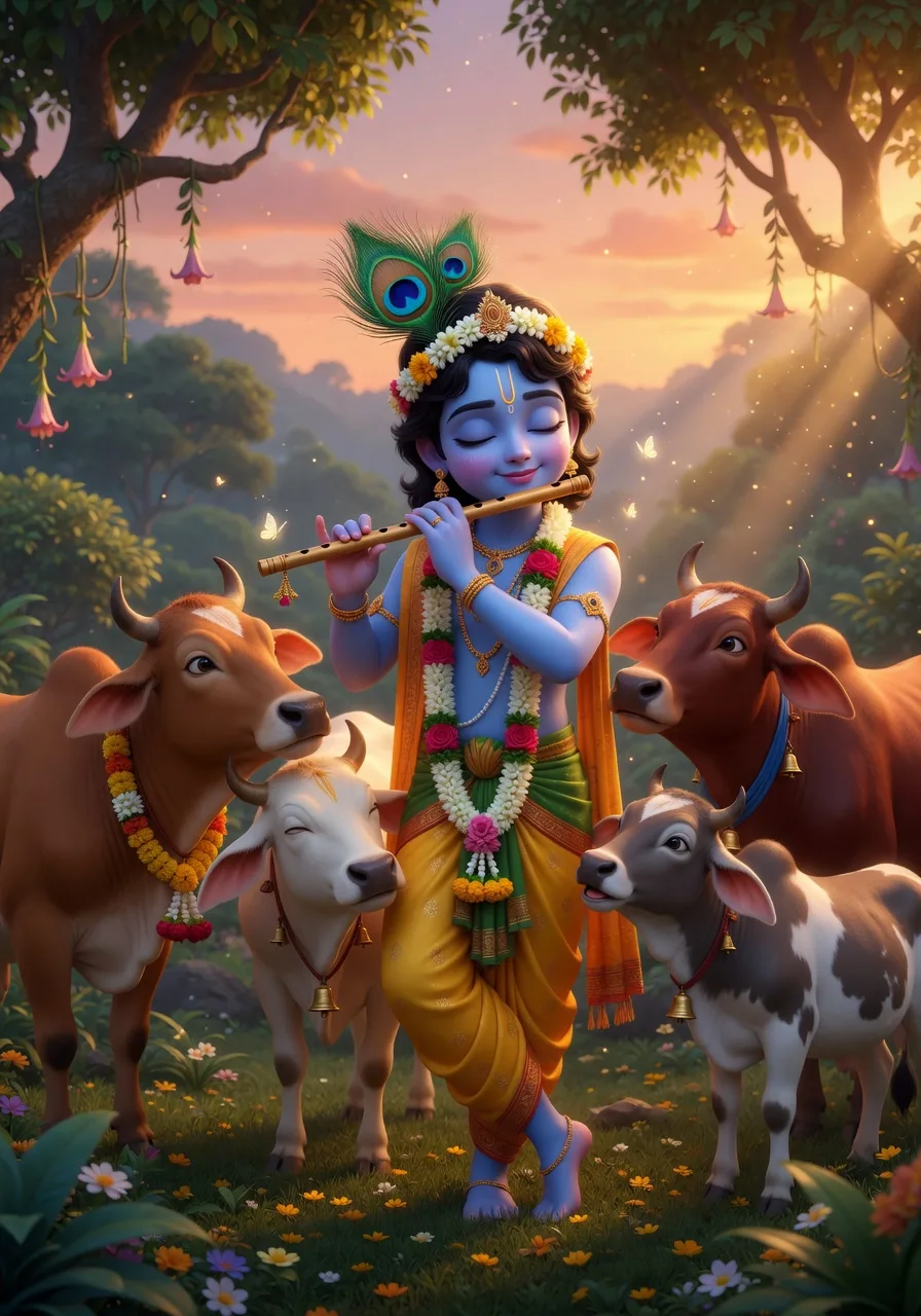 Krishna, Goloka Vrindavan mein divya gaayon ke beech, golden hour mein