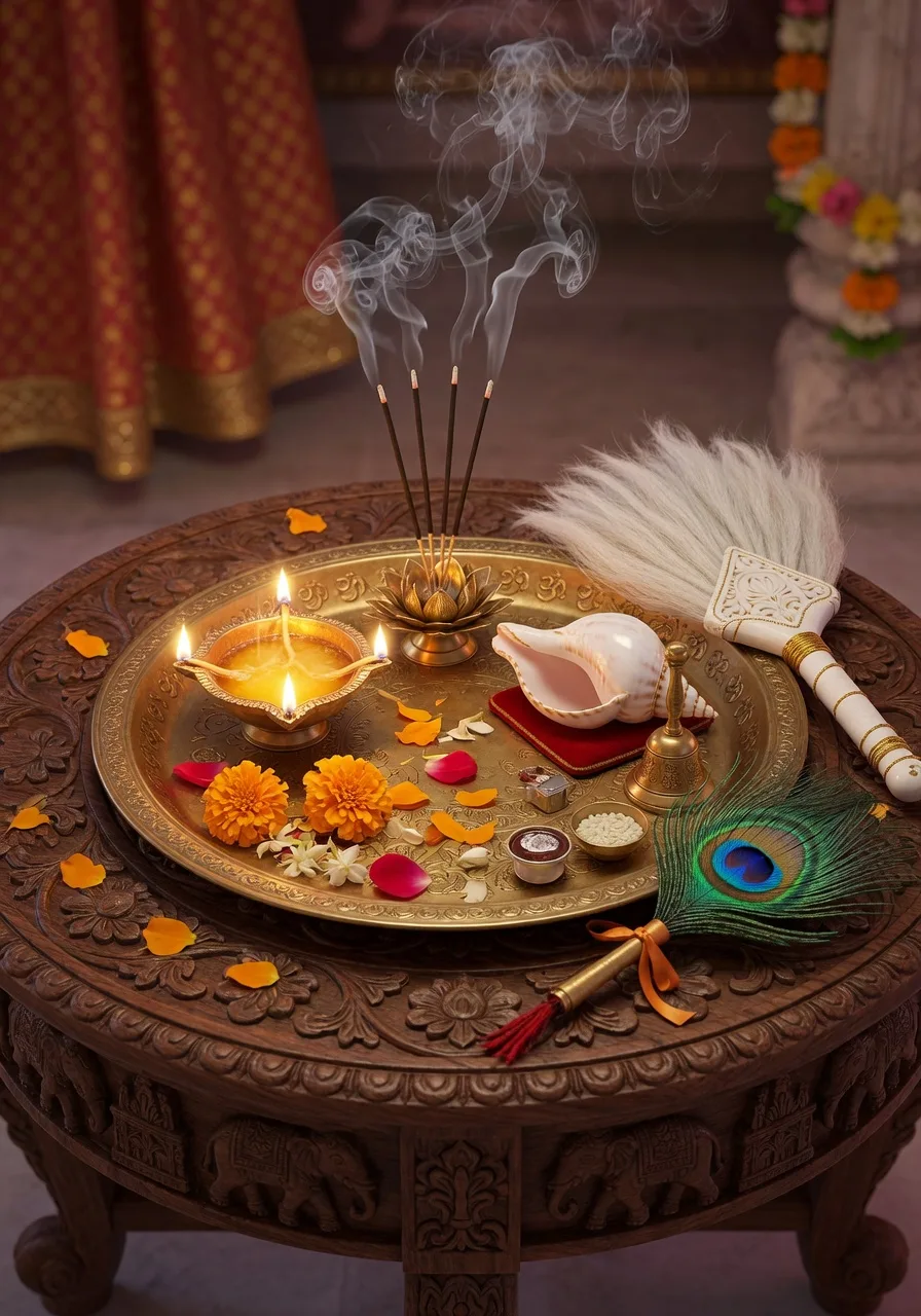 An arati tray holding the ghee lamp, incense, conch, bell, flowers, chamara, and peacock fan