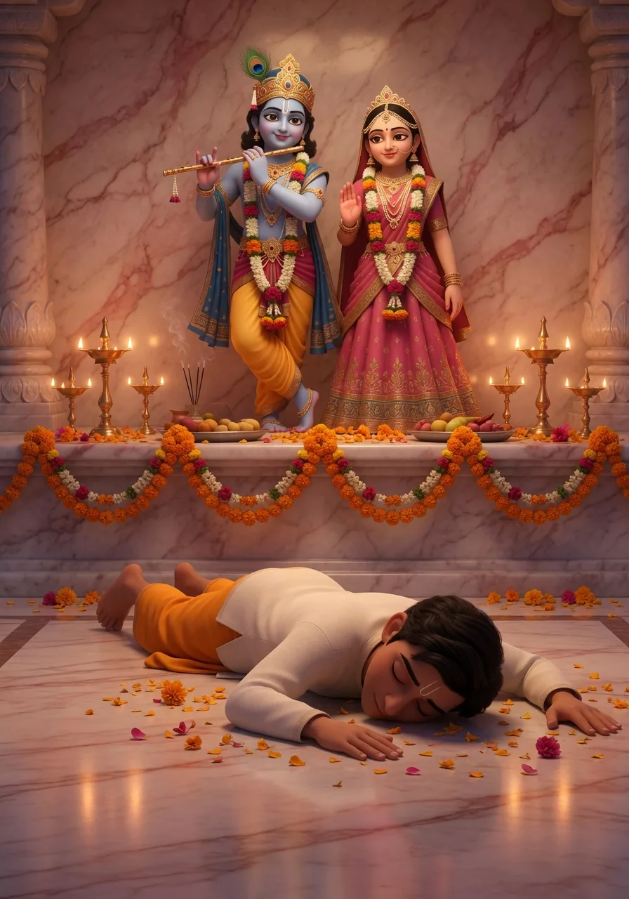A devotee lying fully prostrate in dandavat, offering full-body obeisance before the deities of Radha and Krishna