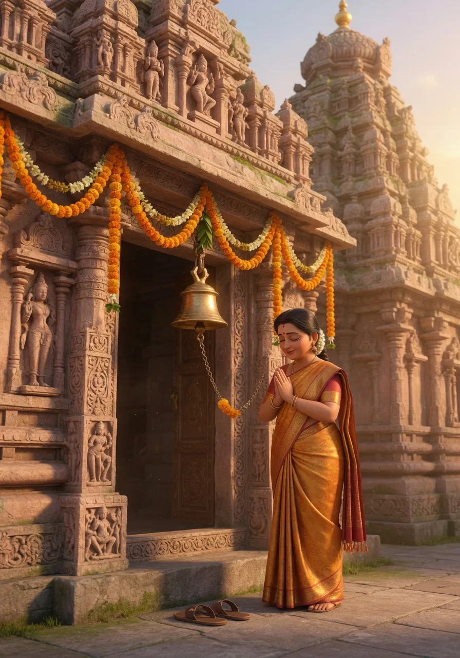 A devotee at a temple doorway ringing the brass bell with folded hands, sandals left at the threshold