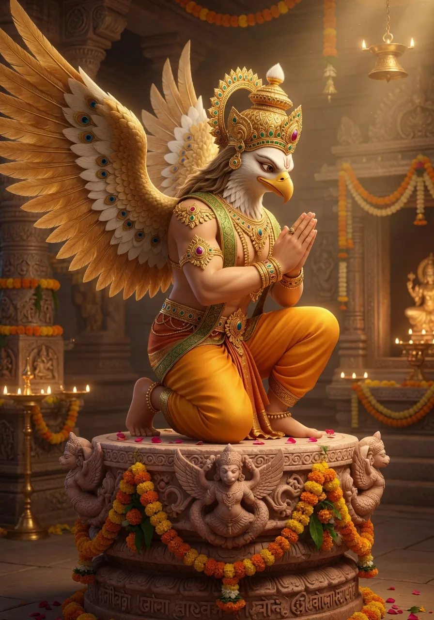 Lord Garuda, the eagle carrier of Vishnu, kneeling with folded hands on a Garuda-stambha pillar
