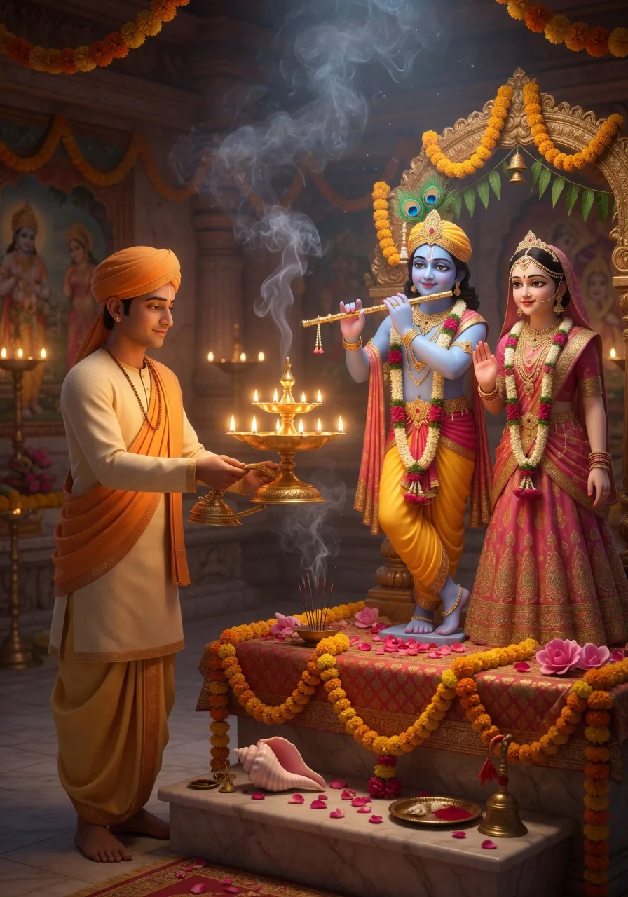 A pujari offering a lit multi-wick ghee lamp in arati before the radiant deities of Radha and Krishna on a flower-decked altar