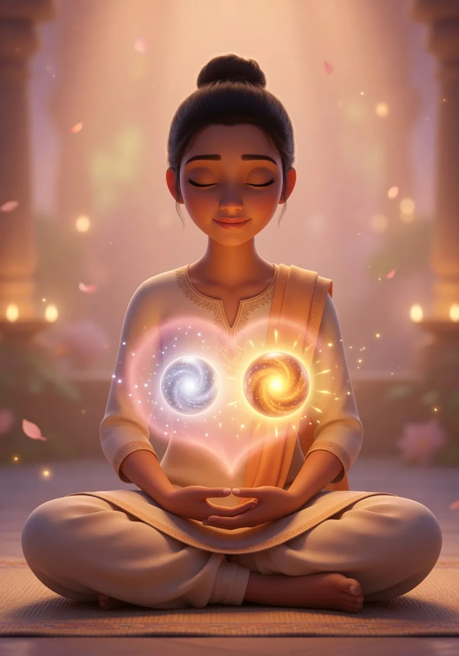 A meditating person with two small radiant souls glowing in the region of the heart, the jiva and the Supersoul