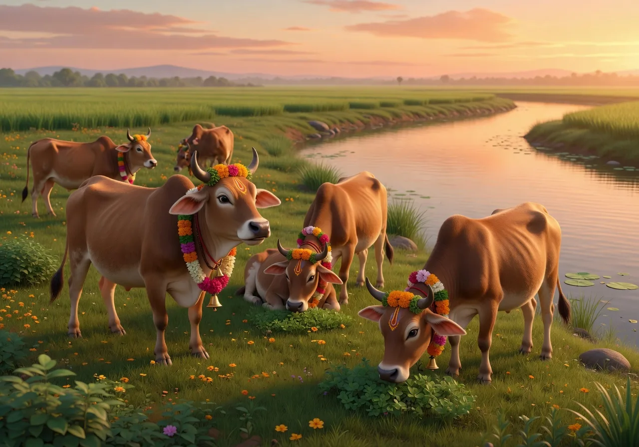 Gentle cows grazing in a green pasture, the animal of the mode of goodness