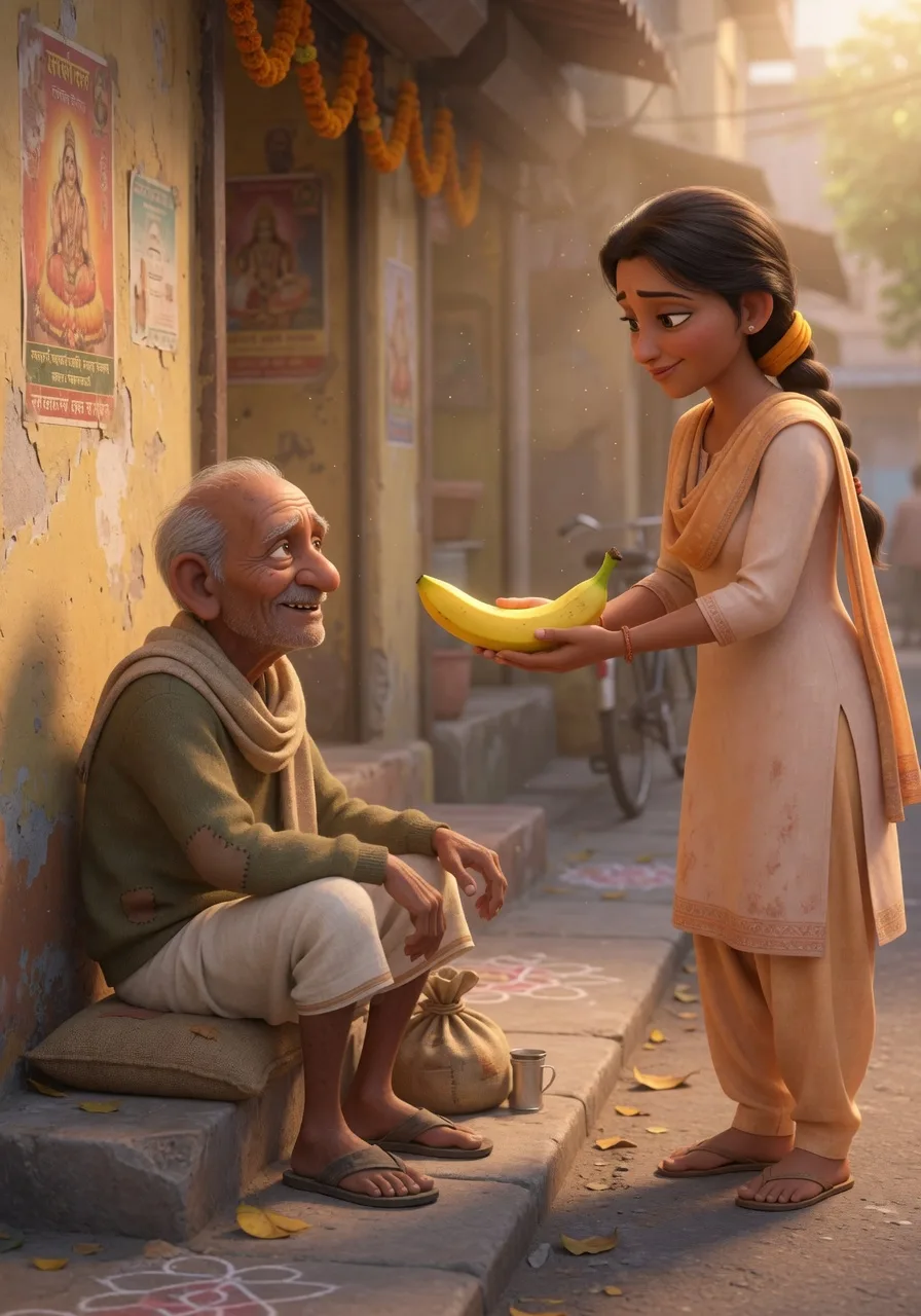 Offering a banana to someone in need, first offered to the Lord so the simple gift becomes prasad