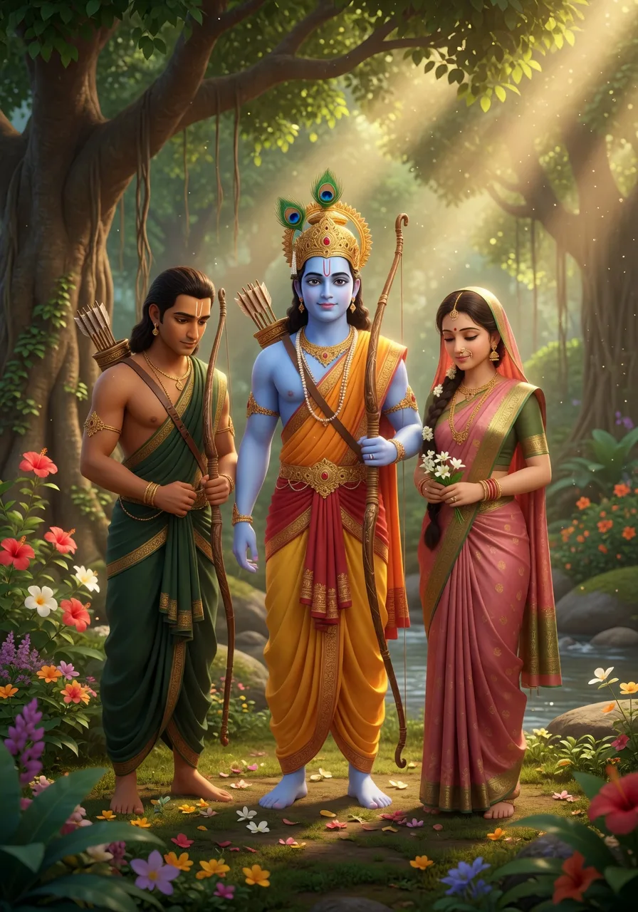 Lord Rama, Sita, and the devoted Lakshmana together in the forest, an image of the ideal family and the ideal conduct of a human being