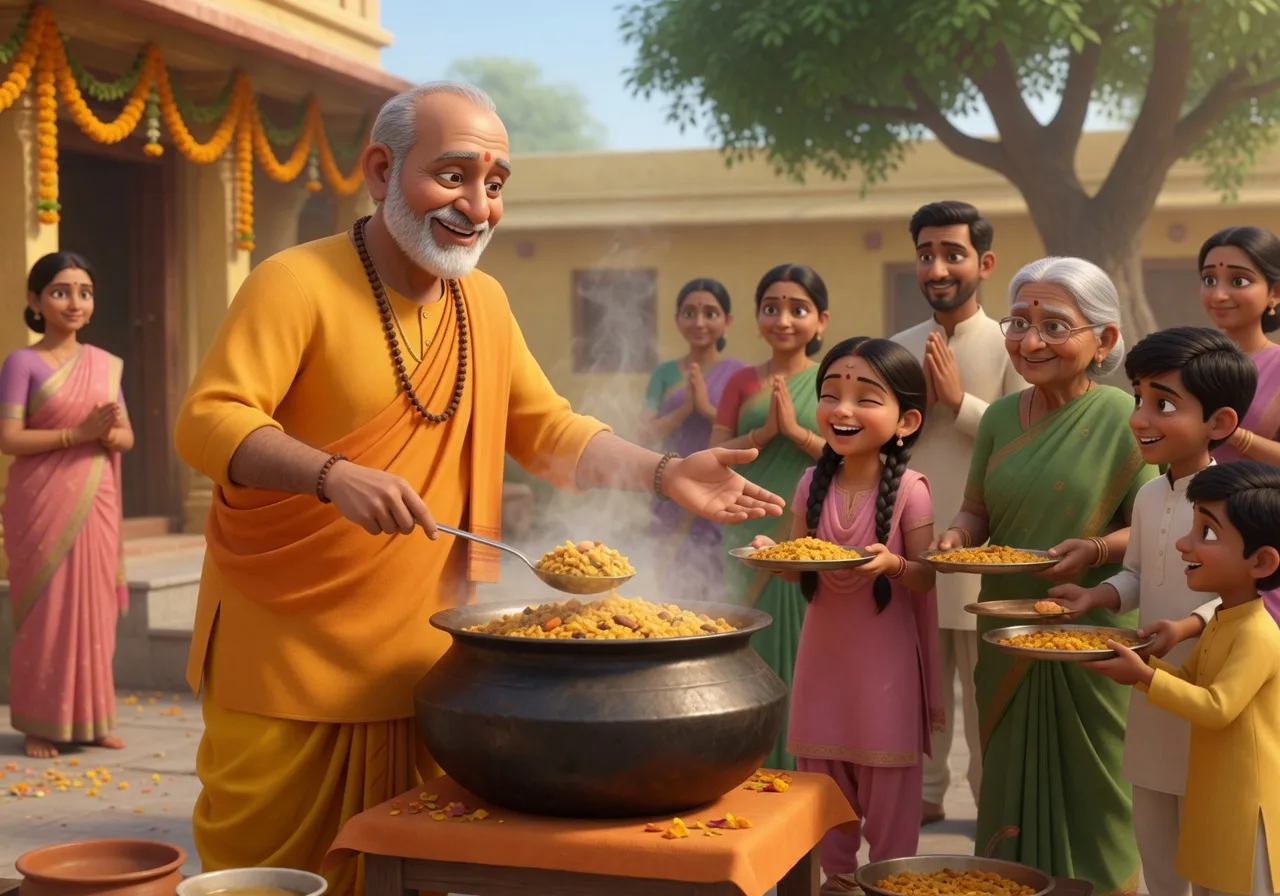 A joyful saintly devotee gladly serving and distributing sanctified food to others, the spirit of a giving heart