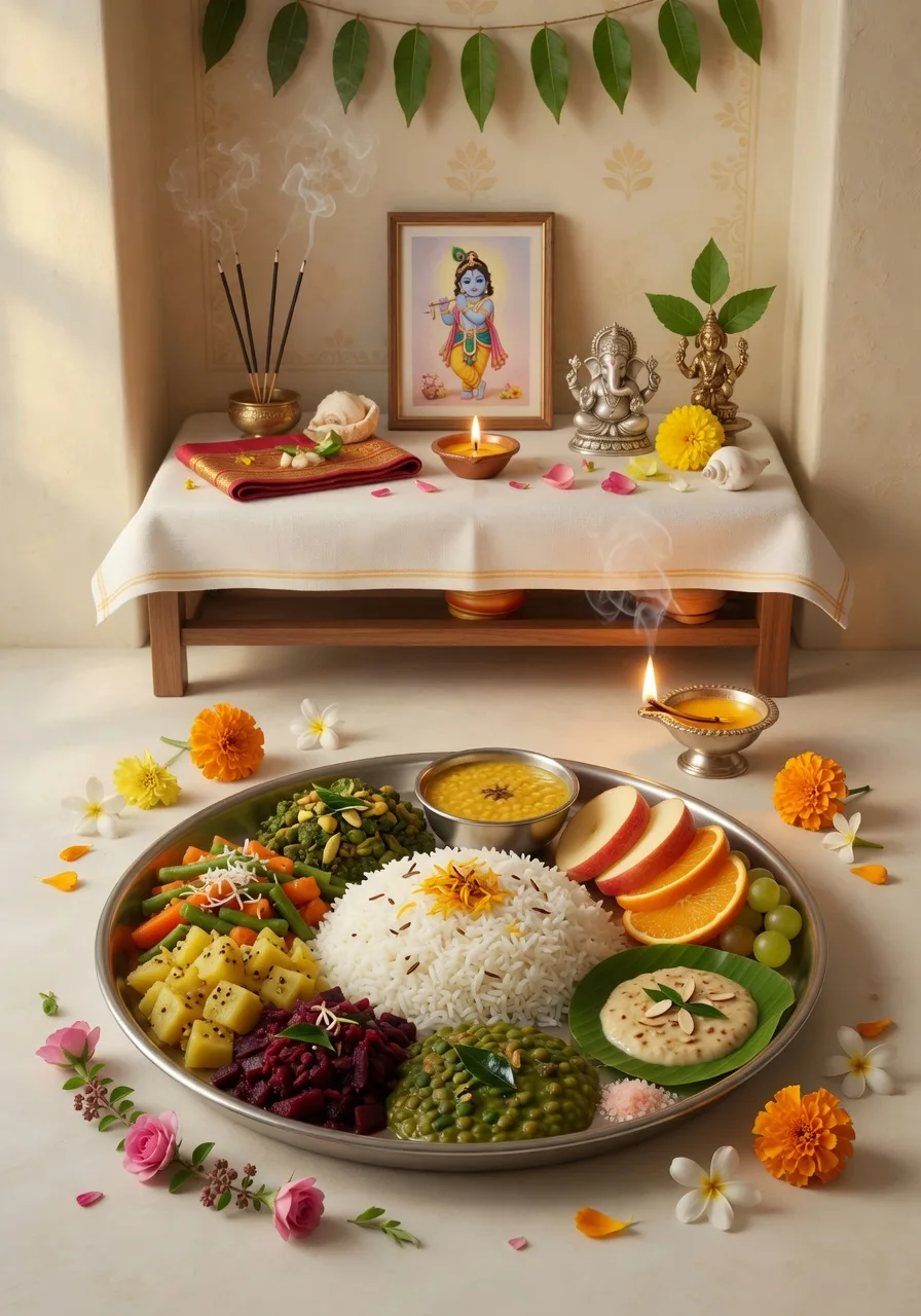 A simple, beautiful plate of fresh vegetarian food, fruit, and flowers placed before the altar with a small ghee lamp, prepared as an offering to the Lord