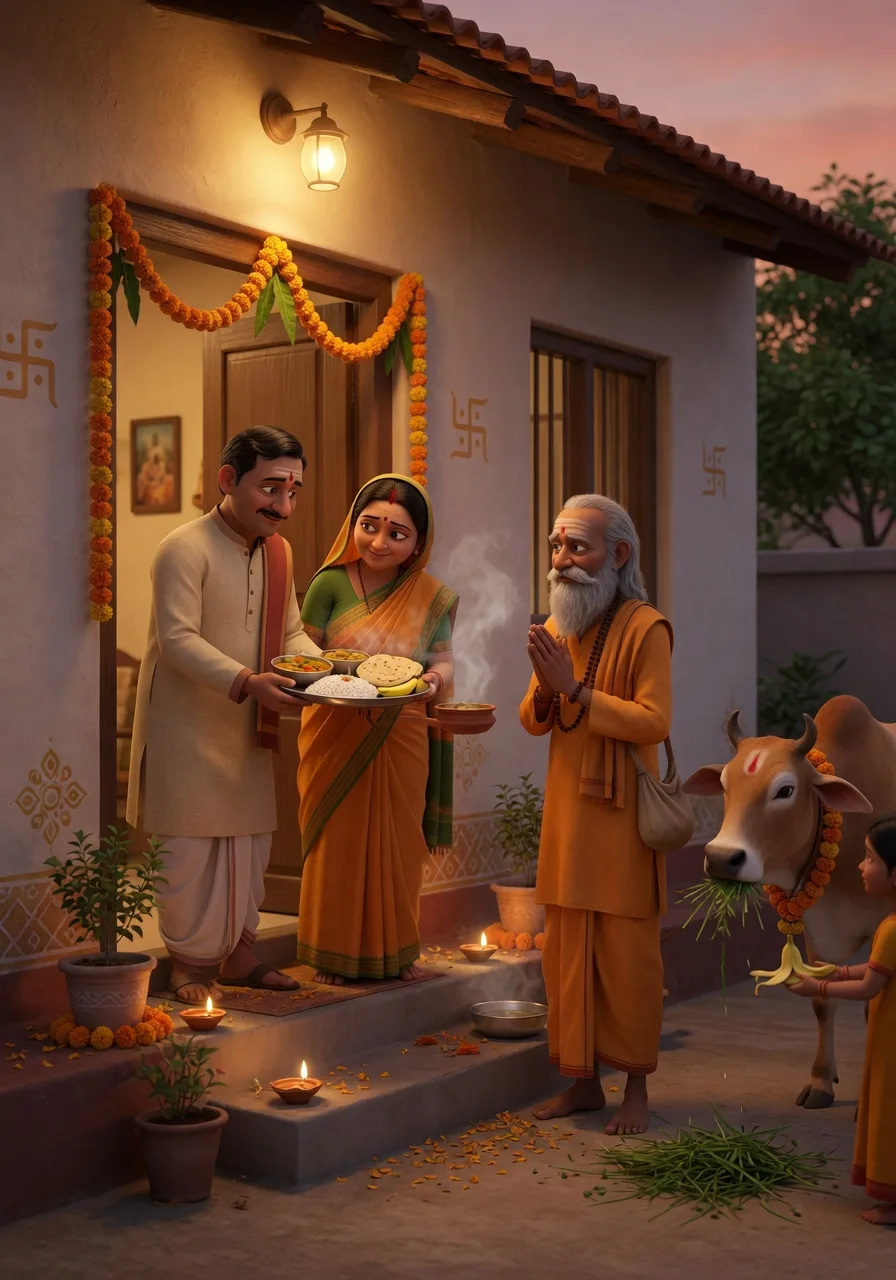 Ek grihasth parivaar apne dwaar par ek sadhu ko aur ek gaay ko vinamrata se bhojan-daan karte hue