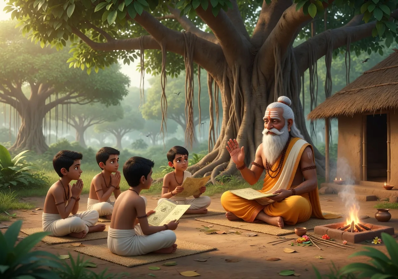 Ek gyaani guru van ke gurukul mein, ek bade bargad ke neeche, apne saamne baithe nanhe brahmachari vidyaarthiyon ko padhaate hue