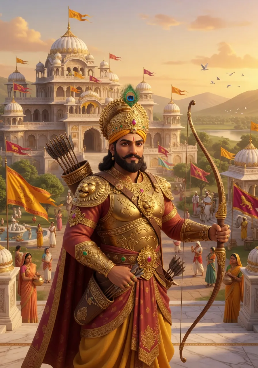 Ek mahaan kshatriya raja kavach mein dhanush thaame, apni praja ke rakshak ke roop mein khade