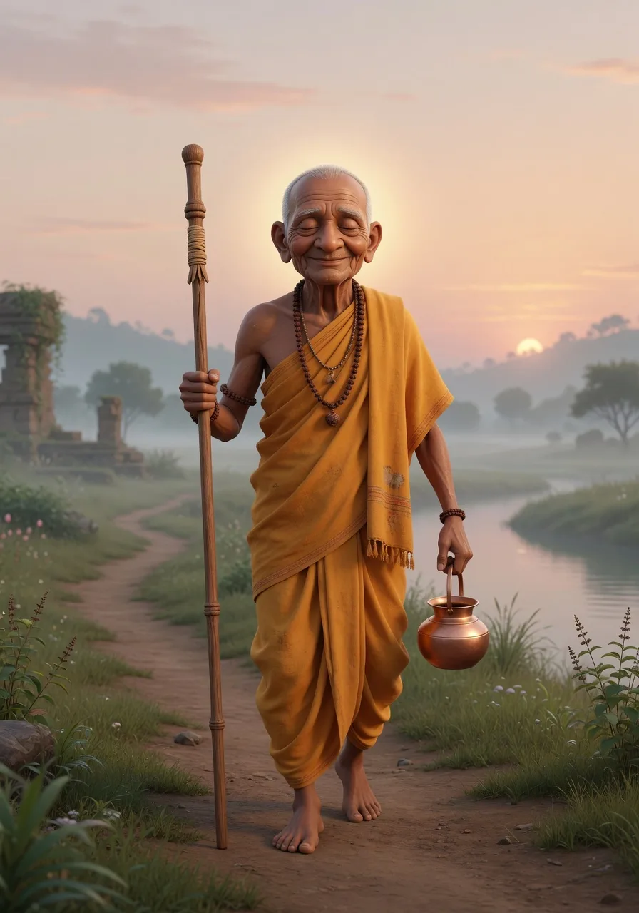 Ek shaant sannyasi saffron vastra mein, ek danda thaame, sirf Bhagwan par nirbhar ho kar vichran karte hue