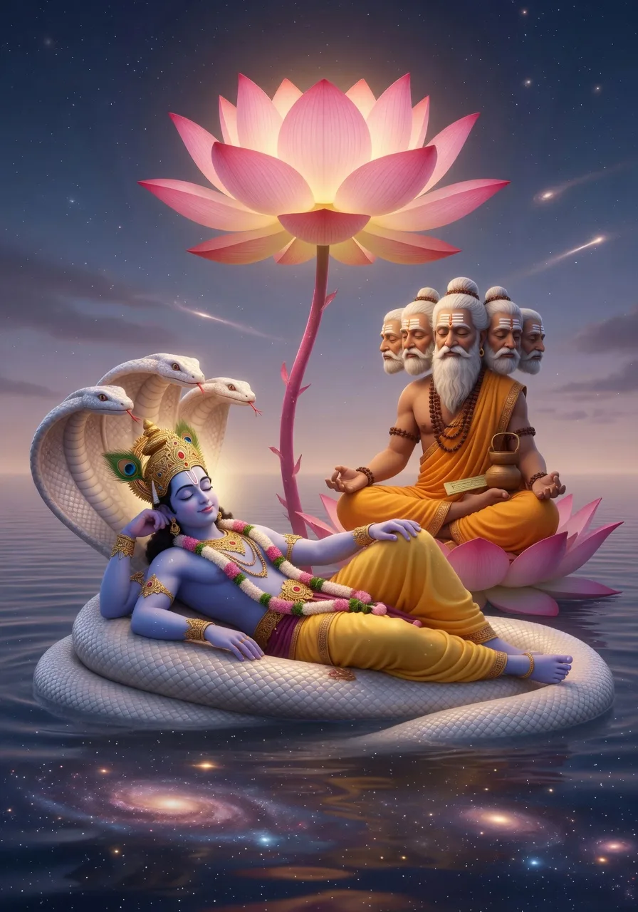 Lord Vishnu lete hue, naabhi se kamal aur us par chaar-sir wale Brahma