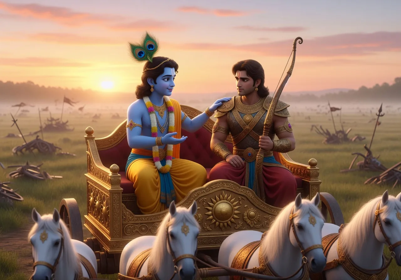 Lord Krishna counselling the warrior-prince Arjuna on a chariot at Kurukshetra