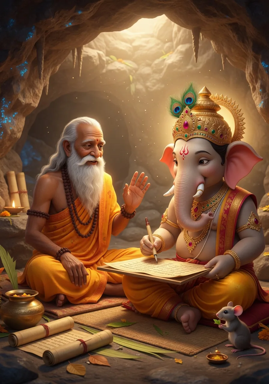 The sage Vedavyasa dictating the Vedas while Lord Ganesha writes them on palm leaves