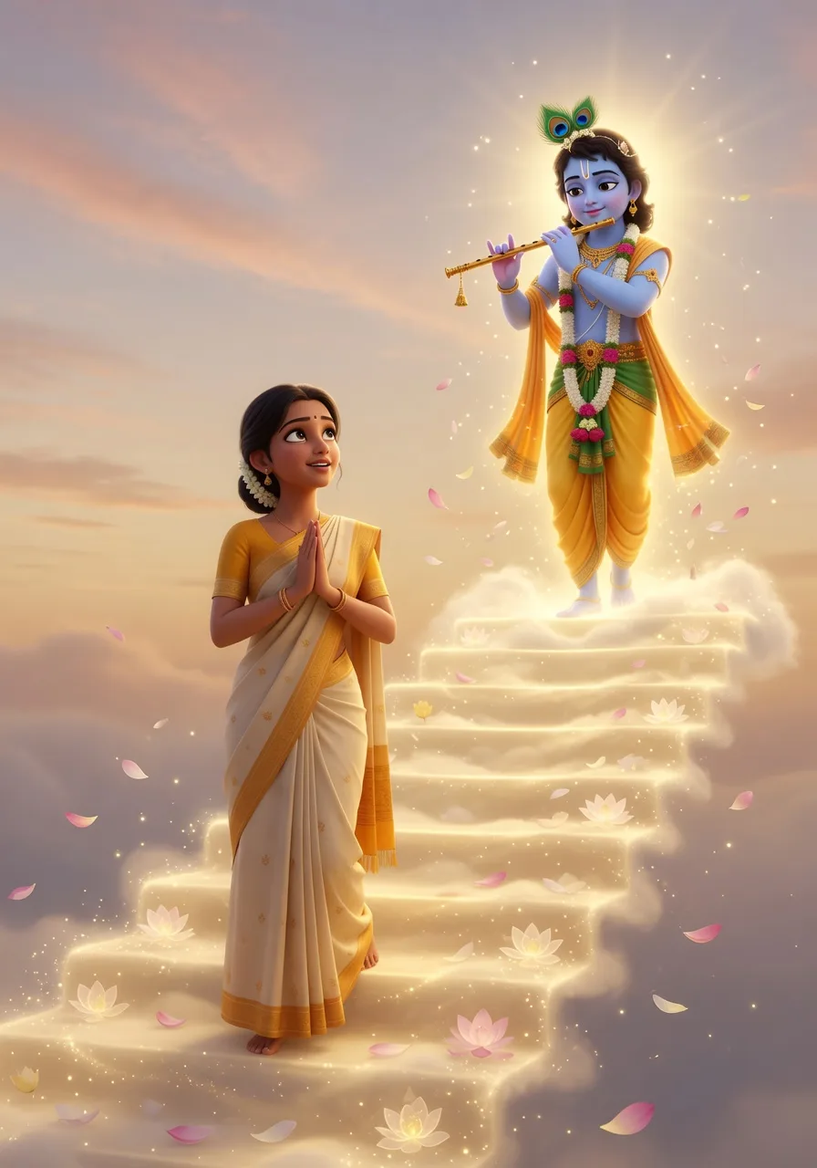 A devotee with folded hands ascending a luminous path of light toward Lord Krishna, who stands radiant playing his flute at the summit