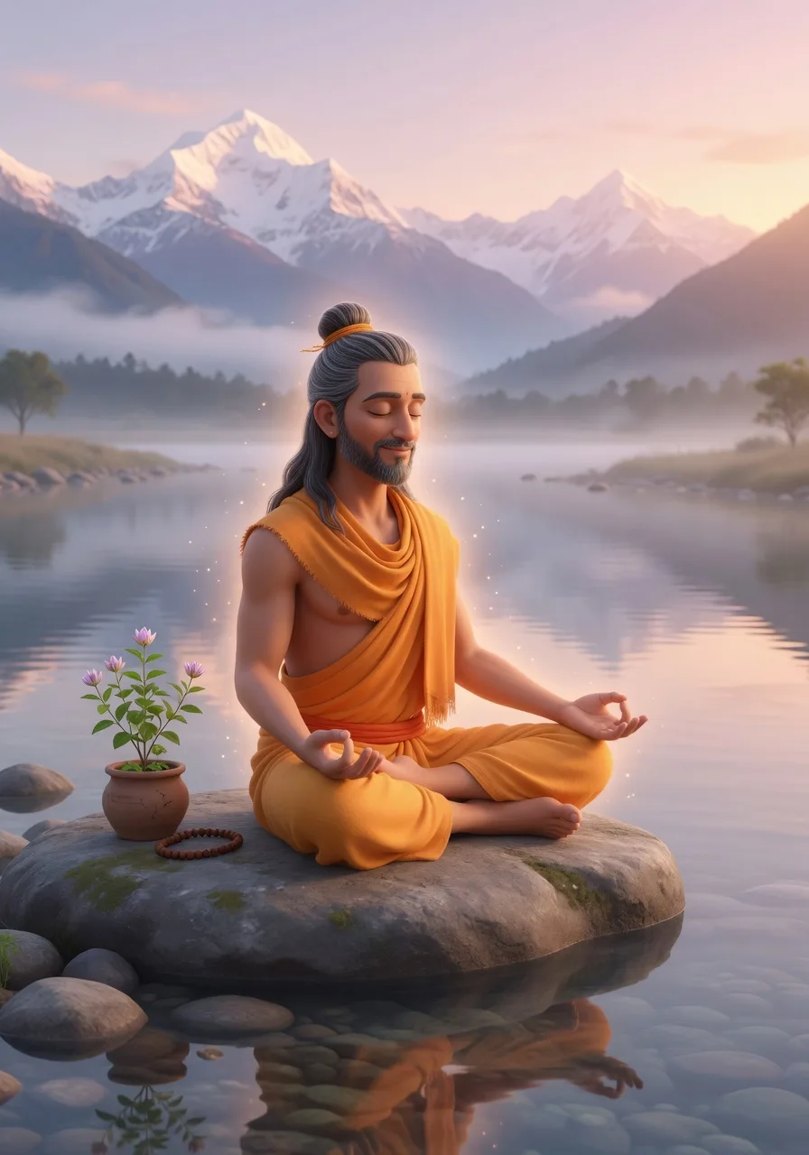 A yogi seated in deep meditation in lotus posture by a Himalayan river, a japa mala resting beside him
